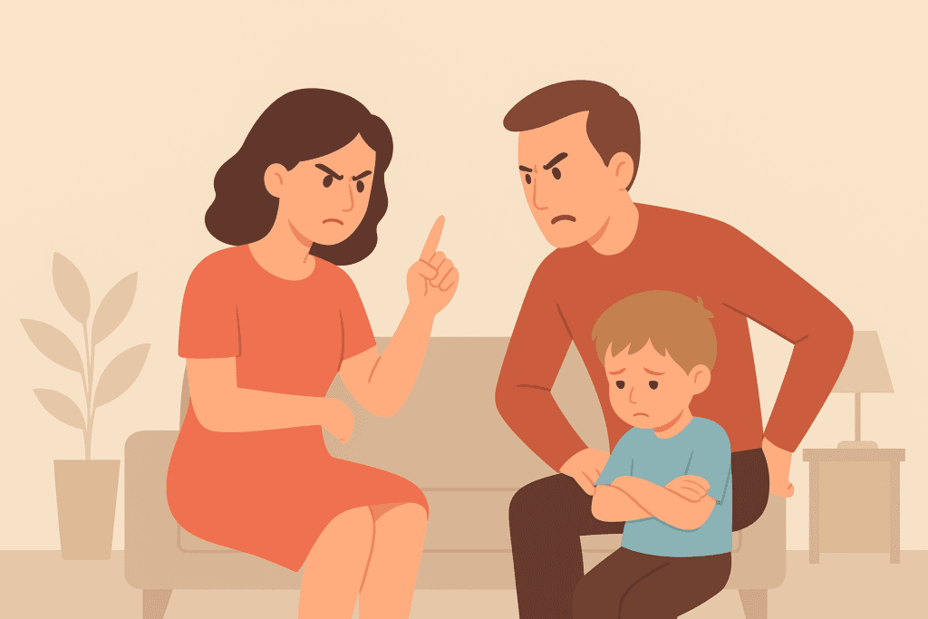 Rodič autoritářsky napomíná dítě s přísným výrazem a ukazuje mu hranice.
